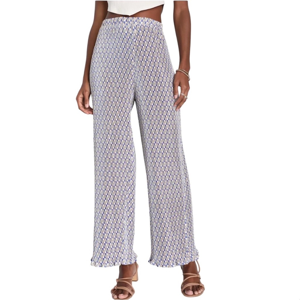 Lulus Wide Leg Pants Plisse Ruffle Boho Geo Print‎ Resort Wear Flowy Sz Large